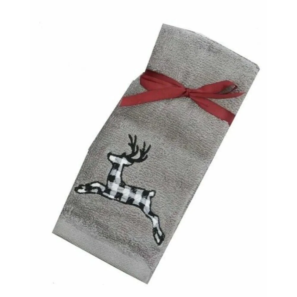 Avanti Reindeer Christmas Fingertip Towels Embroidered Buffalo Check Set of 2